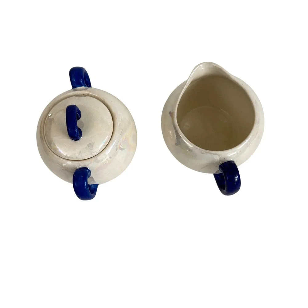 Vintage Czechoslovakia Lusterware Sugar Bowl Creamer Set Cobalt Blue Handles